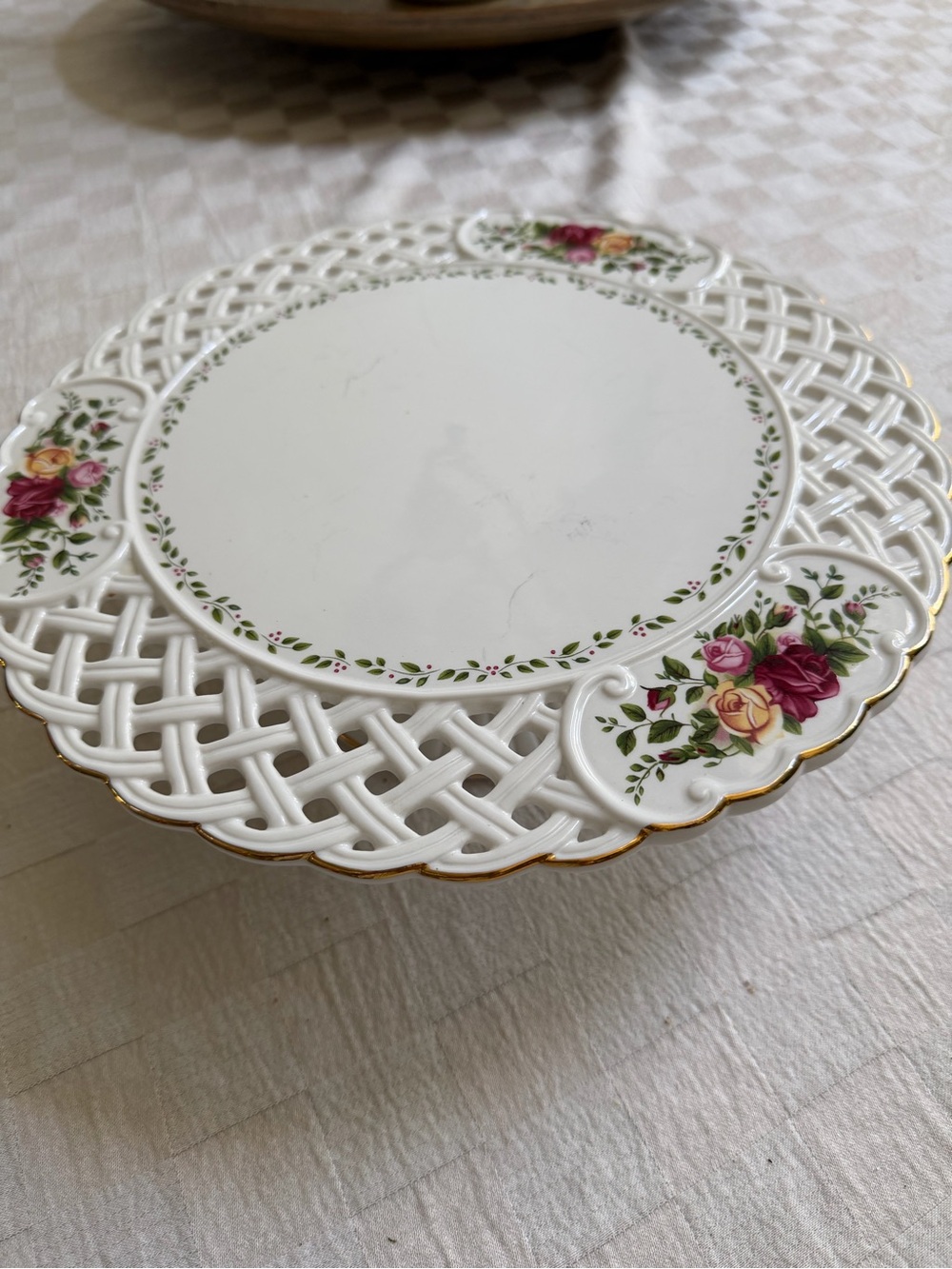 Royal Albert White and Gold Pierced Porcelain Cake Stand with Floral Insets - Picture 2 of 4